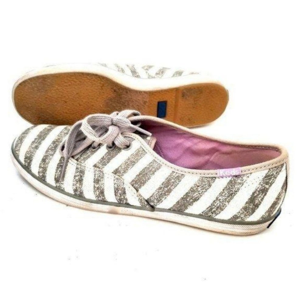 Keds Womens Sneakers Shoes Size 7 Striped Gray White Canvas Athletic Comfort‎